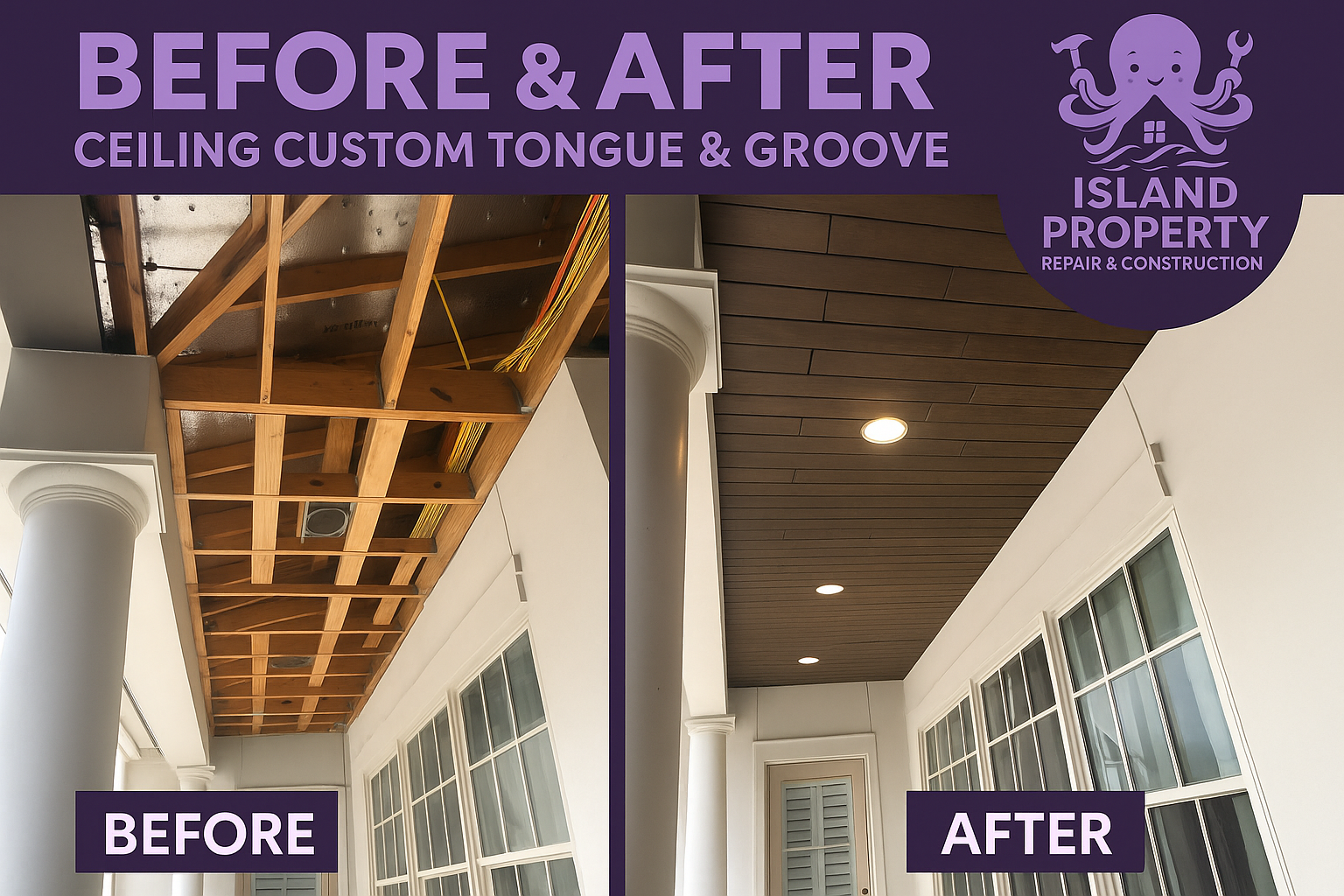 Custom tongue-and-groove ceiling after water damage repair